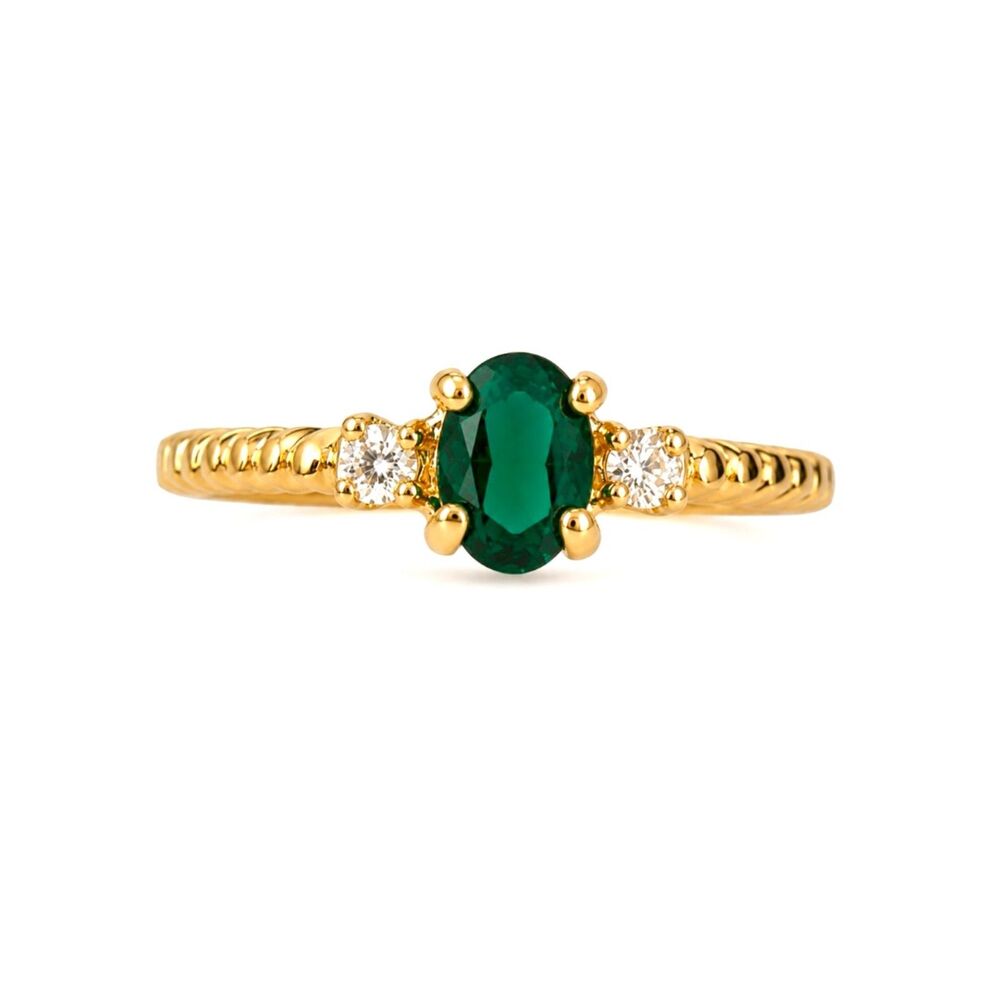 Vintage 1970s Ring Size 6 Emerald Green Austrian Crystal 14KT Gold Plate - 14T